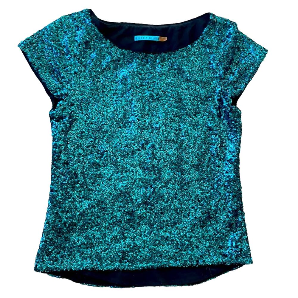 Alice + Olivia aqua blue sequin shirt sleeve blouse